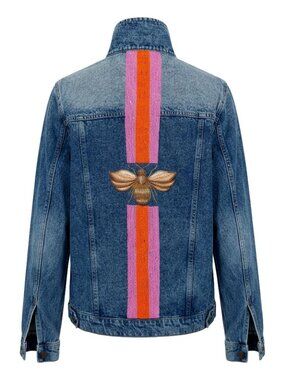 Tiana Designs Queen Bee Hand Beaded Cropped Denim Jean Glam Unique Jacket XL